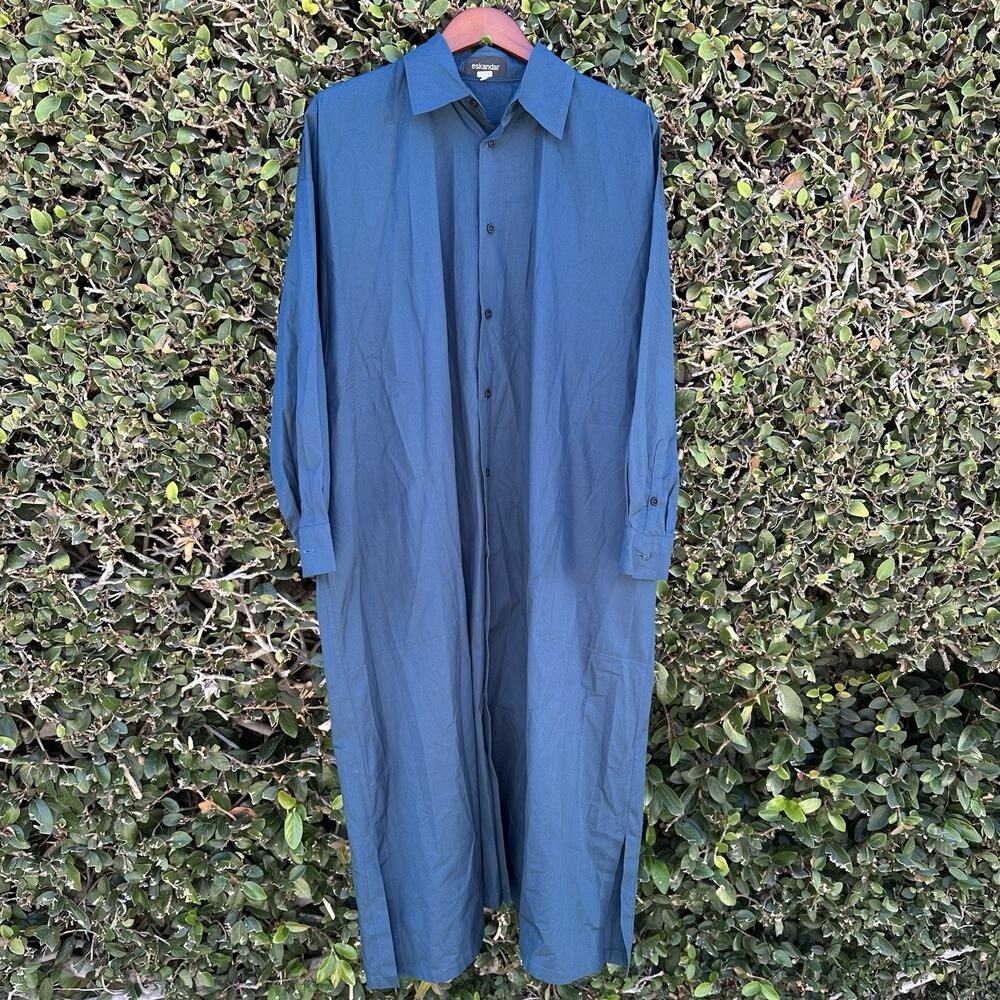 Eskandar Maxi Shirt Dress 0 Blue Woven Button Up Contemporary Designer Luxury